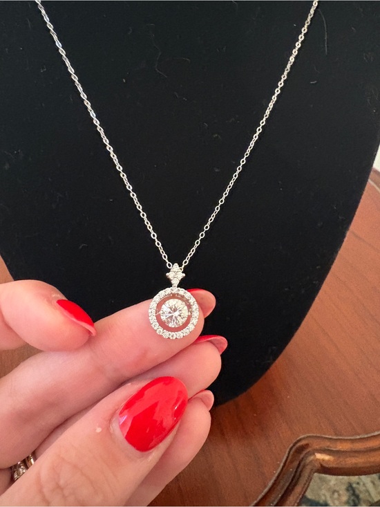 Jewelry - Sterling Silver Halo Pendant Necklace with Clear Crystal Moissanite